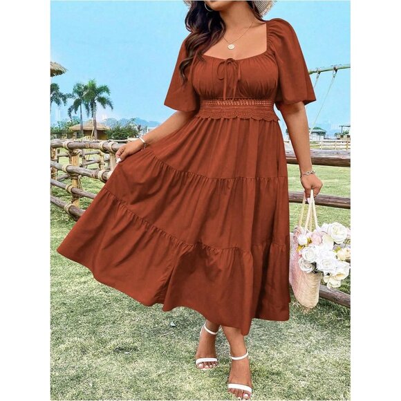 Plus Size Women's Dress Ruffle Tie Front Square Neck A Line Casual Summer - Picture 4 of 5